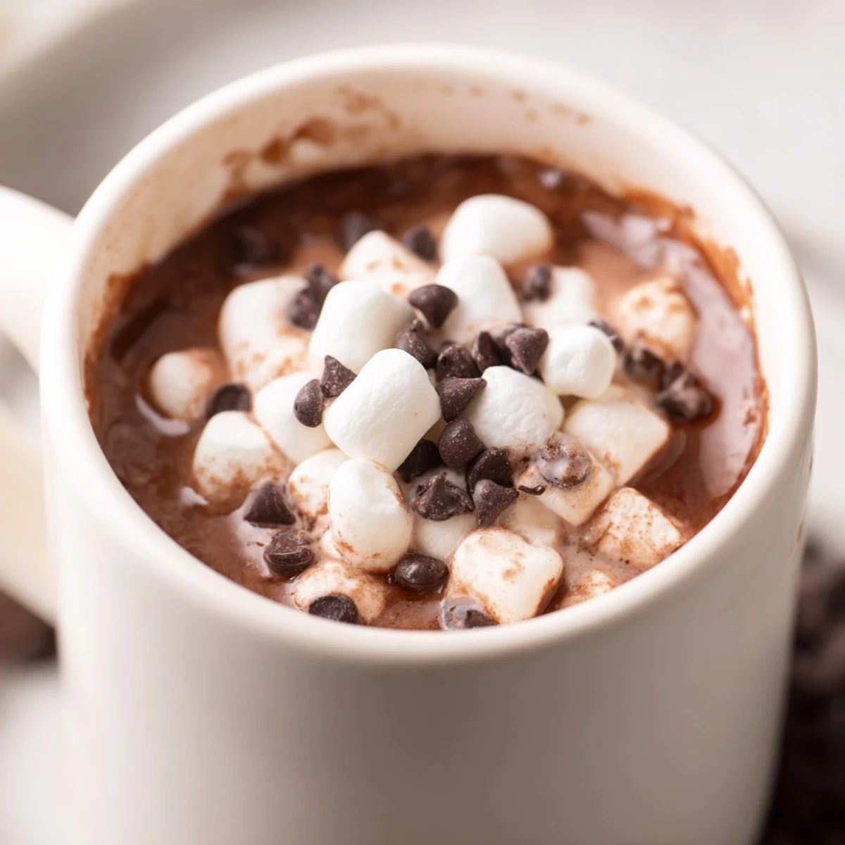 A steaming mug of Fireplace Treat Cocoa Burst Chocolate Chip topped with melted mini marshmallows and extra chocolate chips on a rustic wooden table.