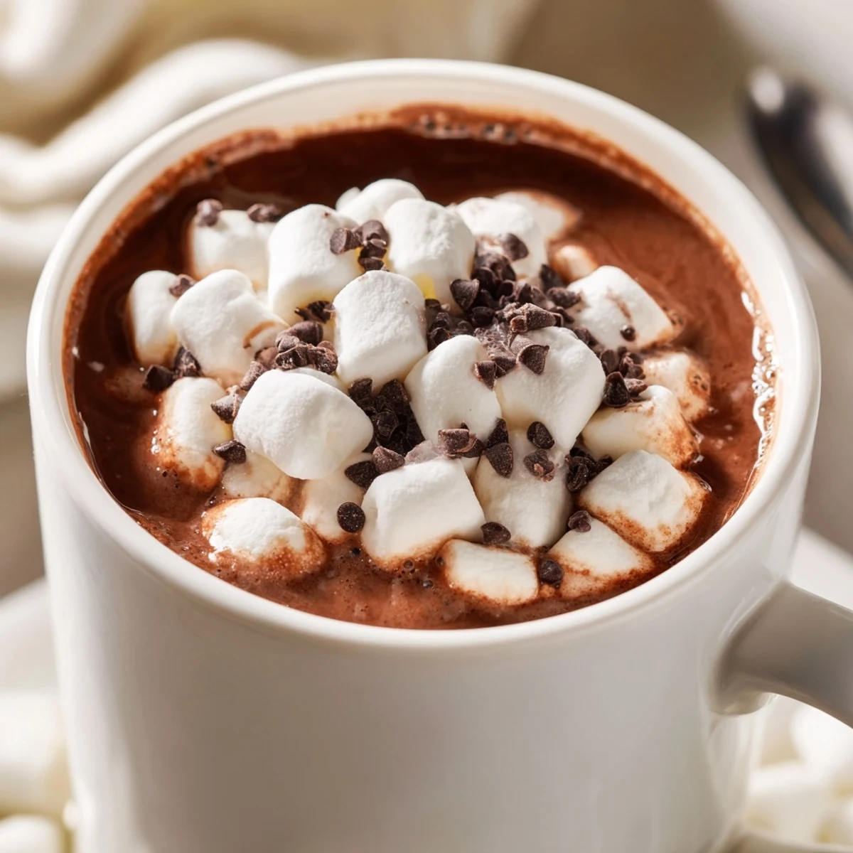 A rich, gooey Fireplace Treat Cocoa Burst Chocolate Chip in a ceramic mug, surrounded by chocolate chips and a dollop of fresh whipped cream.