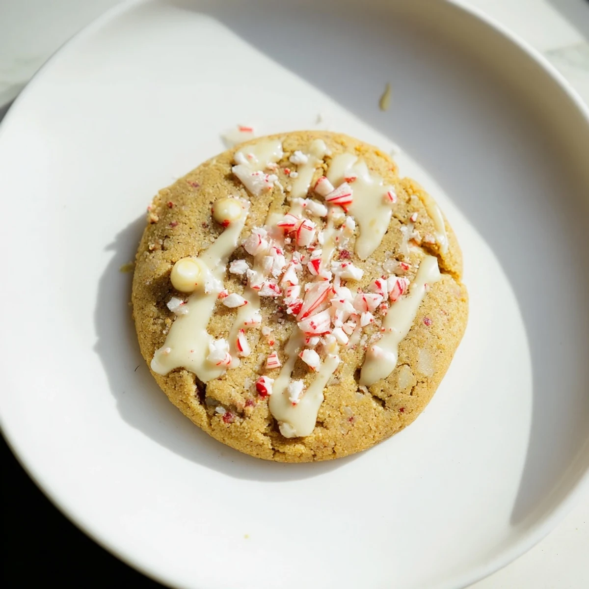 A close-up of snowy Day Peppermint Twist cookies on a cooling rack, featuring white chocolate drizzle and crushed candy cane pieces.