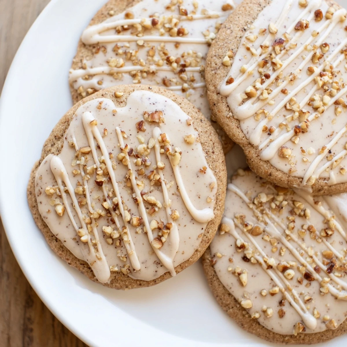 Freshly baked Winter Spice Hazelnut Drizzle Sugar Cookies are stacked on a wire rack, perfect for a festive winter dessert platter.