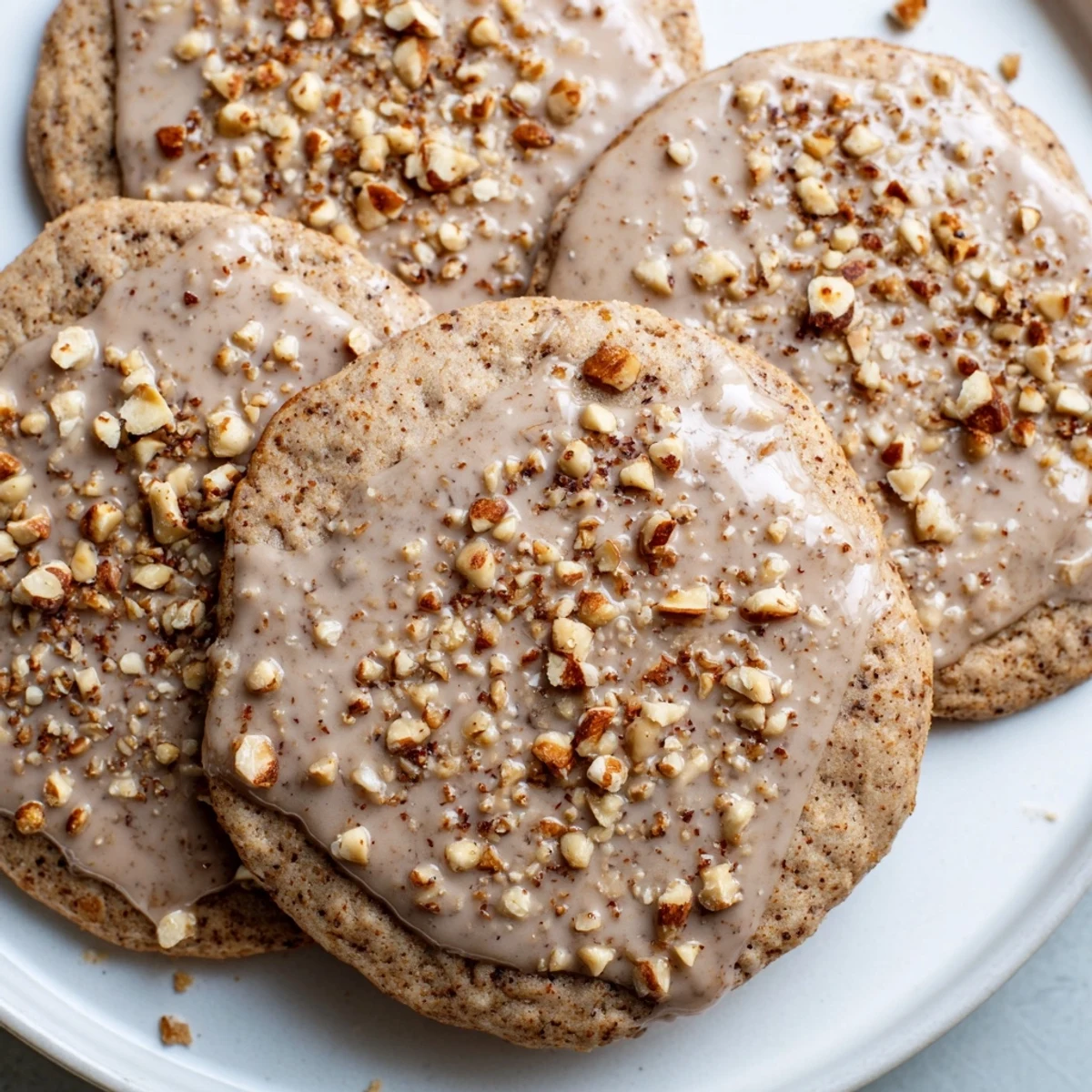 Close-up of Winter Spice Hazelnut Drizzle Sugar Cookies with the spiced crumb and chopped hazelnut topping visible, ideal for a holiday treat.