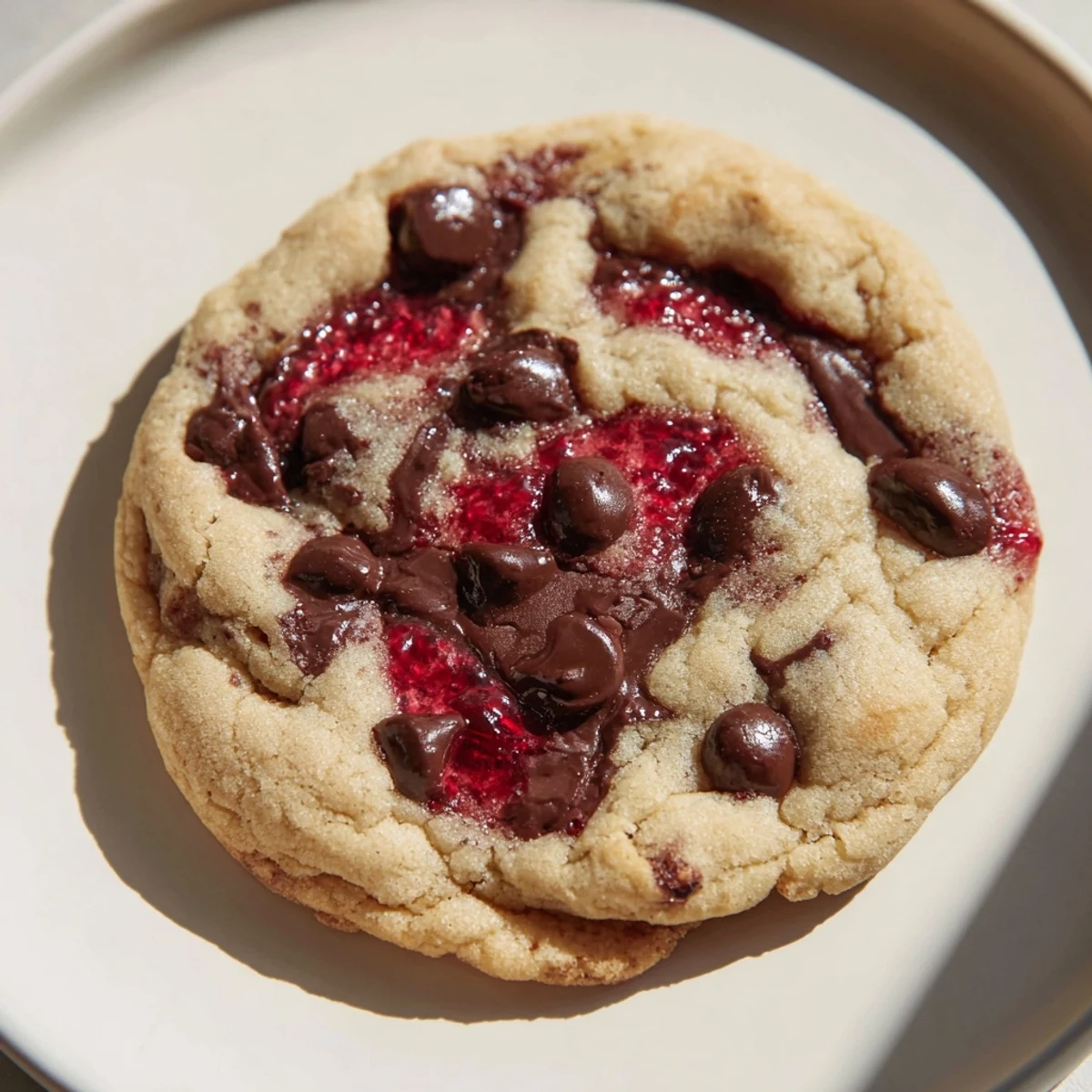 A close-up shows a golden-brown Cozy Evening Cranberry Swirl Chocolate Chip cookie with vibrant red swirls and gooey chocolate pooling on top.  
