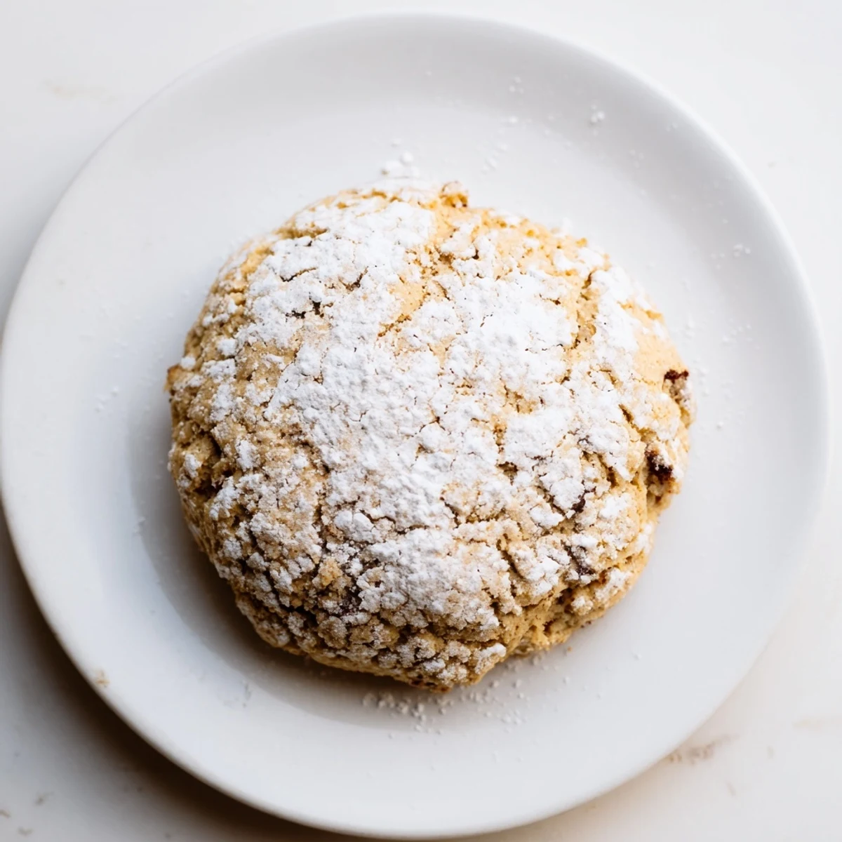 Freshly baked Snowy Day Brown Sugar Snow Vegan Cookies with a dusty powdered sugar coating on a rustic wooden board.  