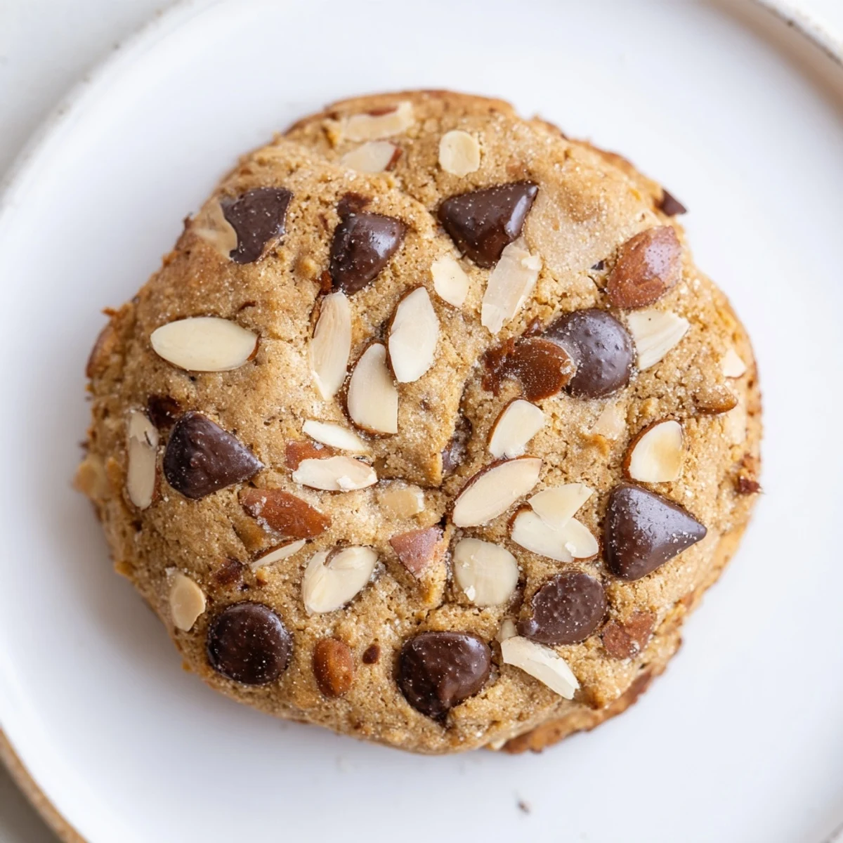 A close-up of Snowy Day Toasted Almond Chocolate Chip cookies with almonds and gooey chips.