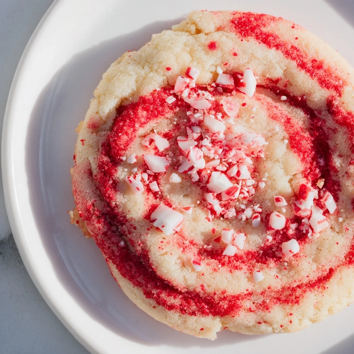 A close-up of Winter Market Peppermint Twist Vegan Cookies with red and white swirls and crushed peppermint candy on top.
