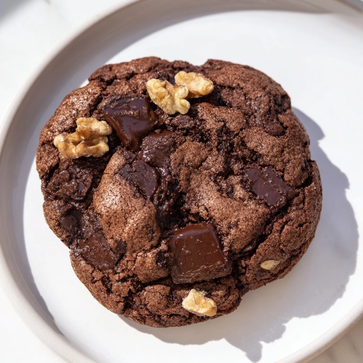 A close-up shows the New Year Celebration Cocoa Burst Chocolate Chip cookie with rich cocoa color and melted dark chocolate.