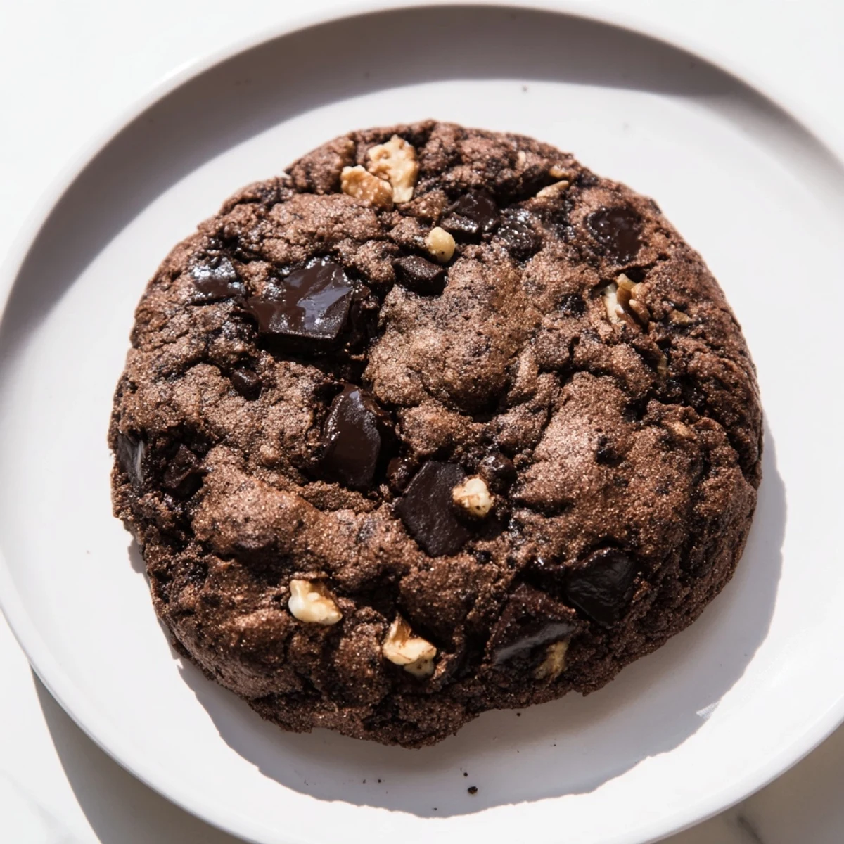 Stacked New Year Celebration Cocoa Burst Chocolate Chip cookies are ready to serve, sprinkled with flaky salt and walnuts.
