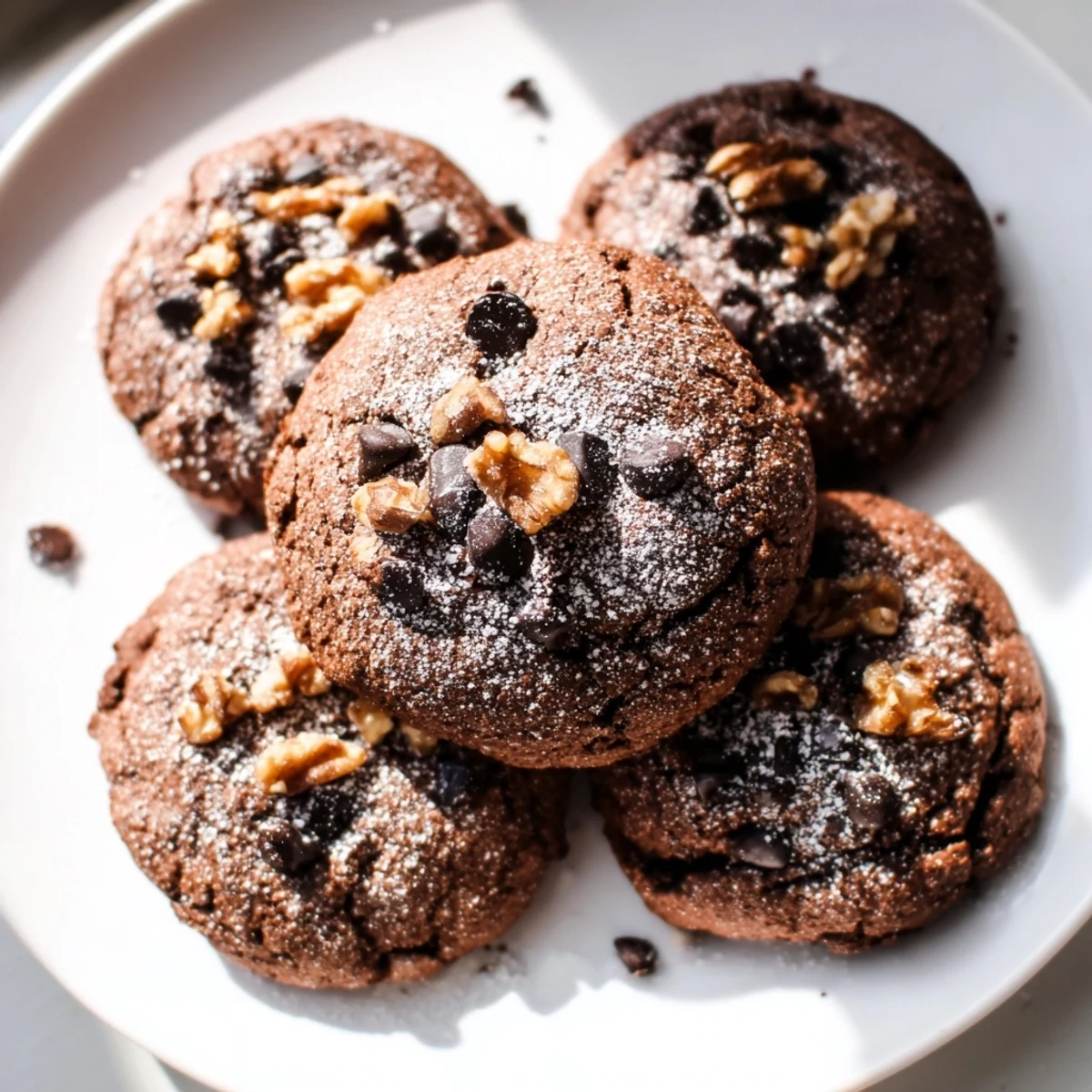 A close-up of Snowy Day Cocoa Burst Vegan Cookies showing rich cocoa texture, melted chocolate chips, and walnuts on a cozy winter day.