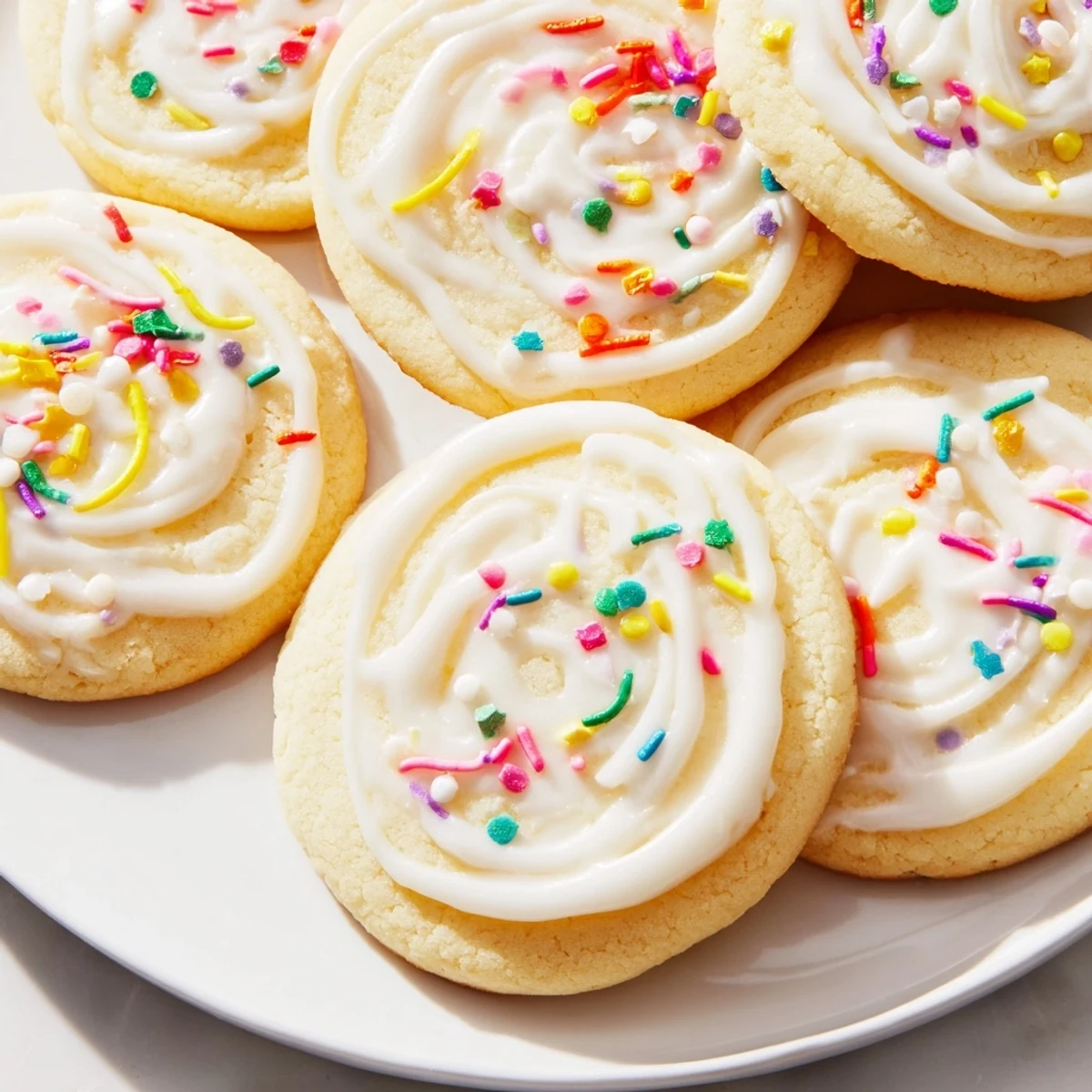 Stack of New Year Celebration Vanilla Cloud Sugar Cookies topped with icing glaze and sparkling sugar for a party.