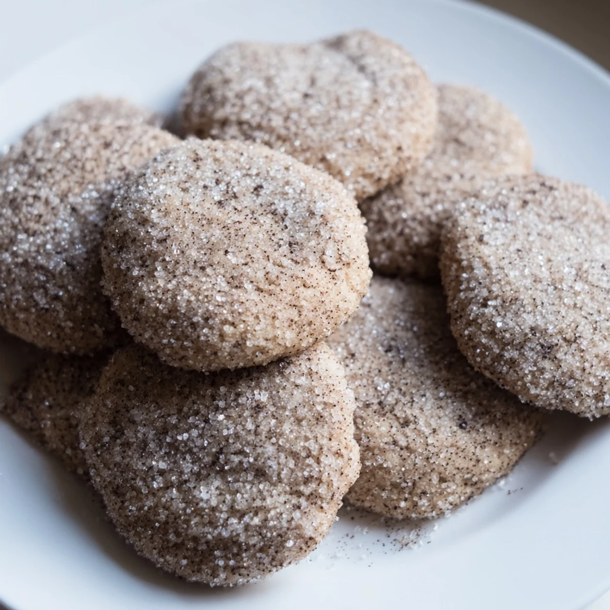 Winter Warmth Mocha Whisper Sugar Cookies are stacked high, showing their soft, crackled tops and rich cocoa color, ready to be enjoyed with a glass of cold milk.