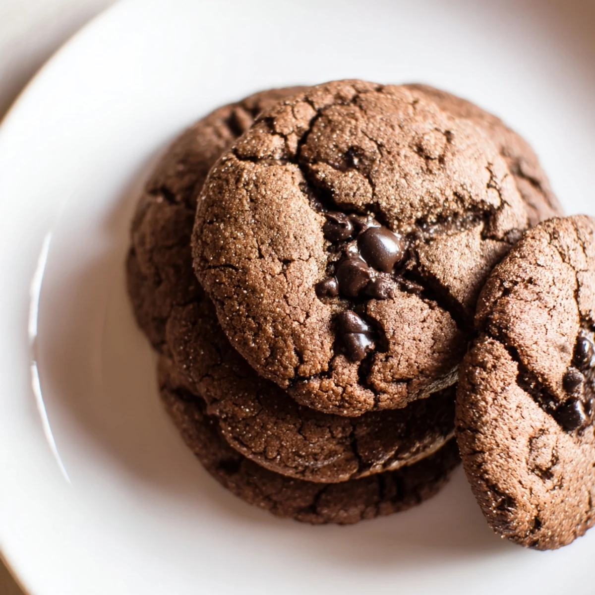 A close-up view of Winter Market Mocha Whisper Vegan Cookies showing cracked tops and chopped hazelnuts on a wooden board.