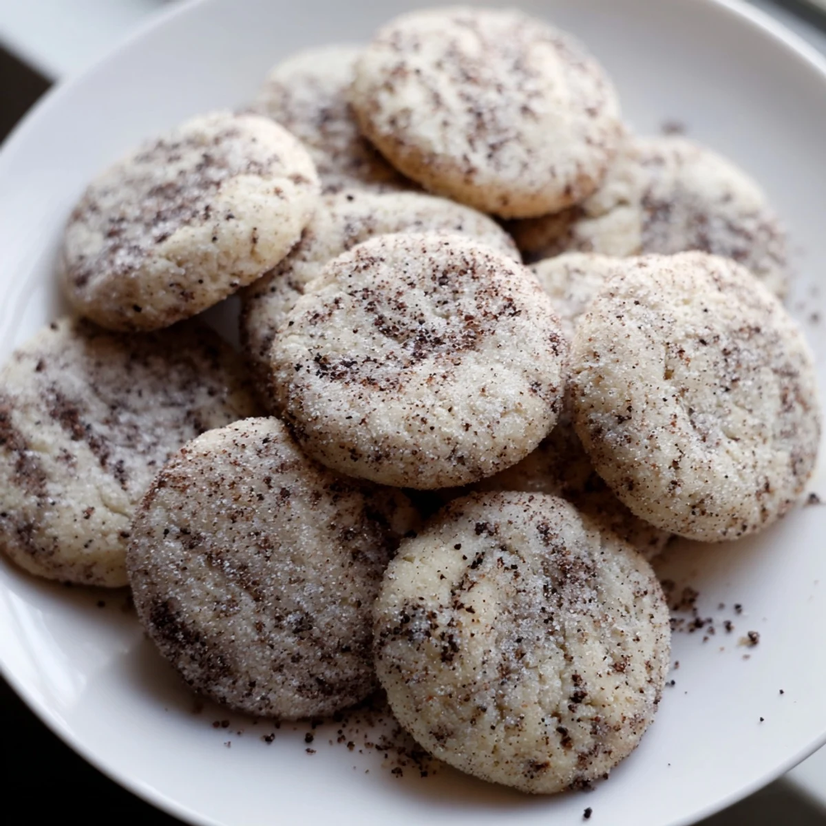 Freshly baked Cozy Evening Mocha Whisper Sugar Cookies with a crackled sugar top sit on a cooling rack, ready to enjoy.