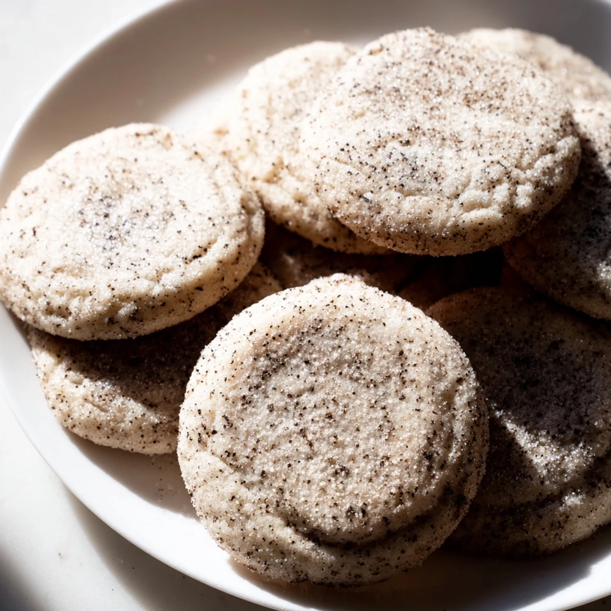 A plate of Cozy Evening Mocha Whisper Sugar Cookies with rich cocoa tones and espresso aroma, perfect with a hot mug of coffee.
