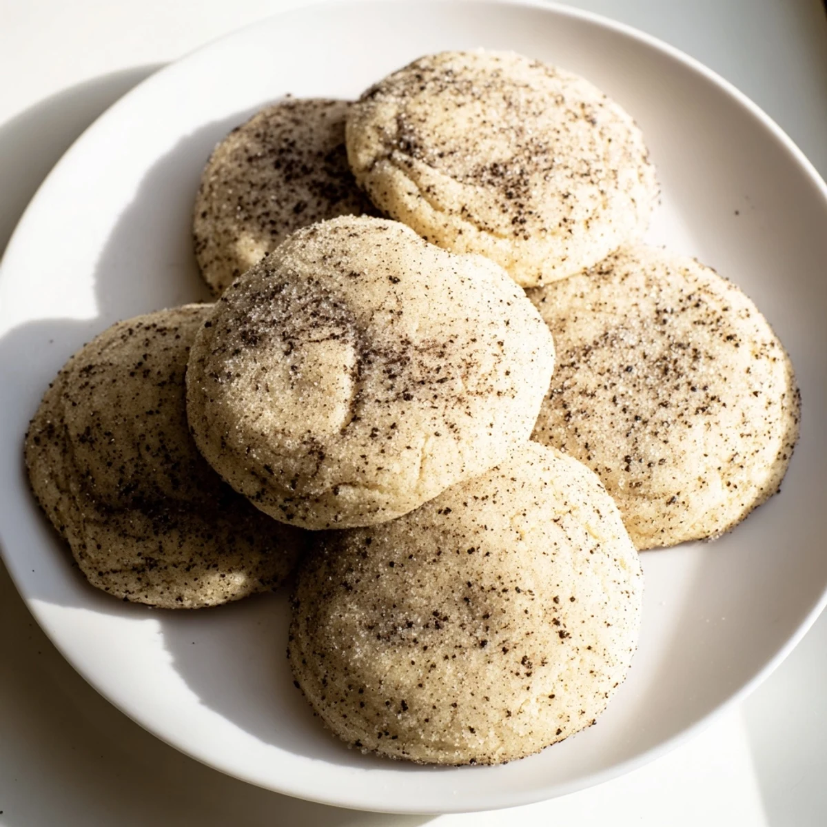 Golden-brown Cozy Evening Mocha Whisper Sugar Cookies show a soft, chewy interior and sparkling sugar crust on a rustic wooden table.
