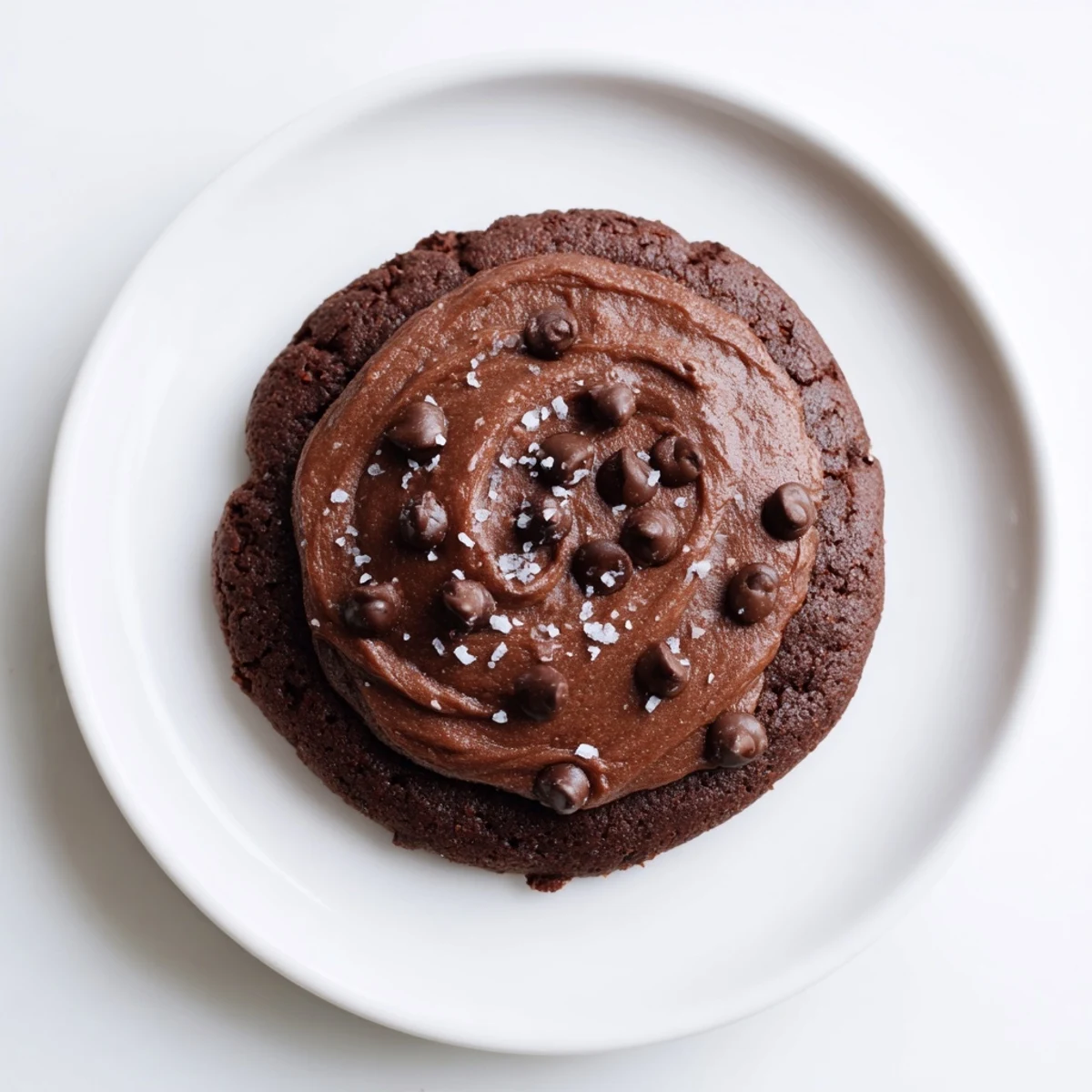 A single Frosted Delight Cocoa Burst Vegan Cookie is split open to reveal a soft, fudgy interior studded with vegan chocolate chips.