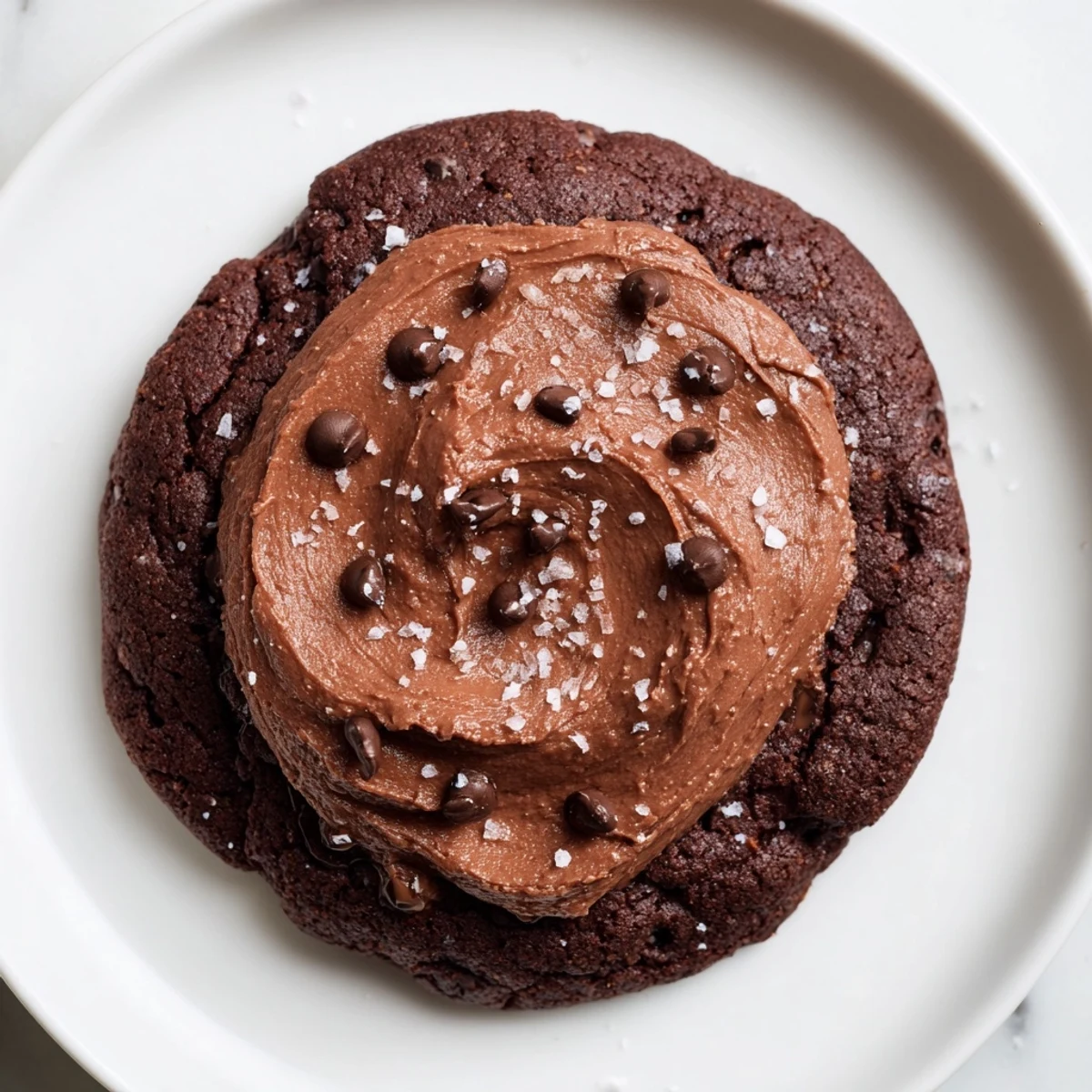 Freshly baked Frosted Delight Cocoa Burst Vegan Cookies on a rustic table, garnished with a sprinkle of flaky sea salt.