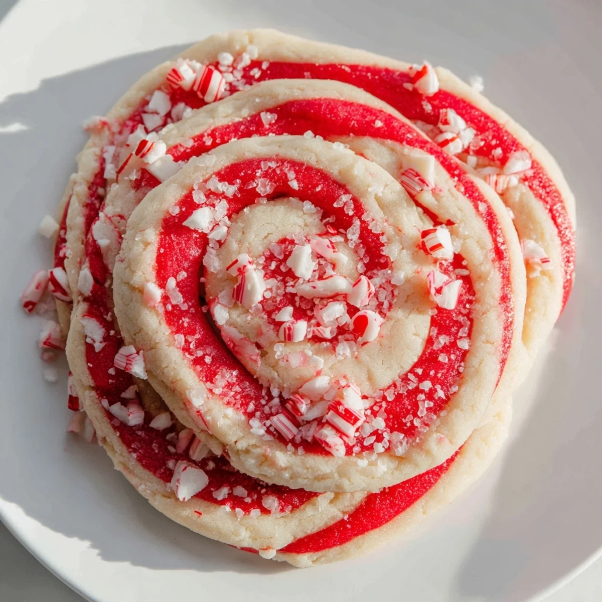 Freshly baked Winter Warmth Peppermint Twist Sugar Cookies on a cooling rack, showcasing the vibrant red swirls and sparkling sugar coating.