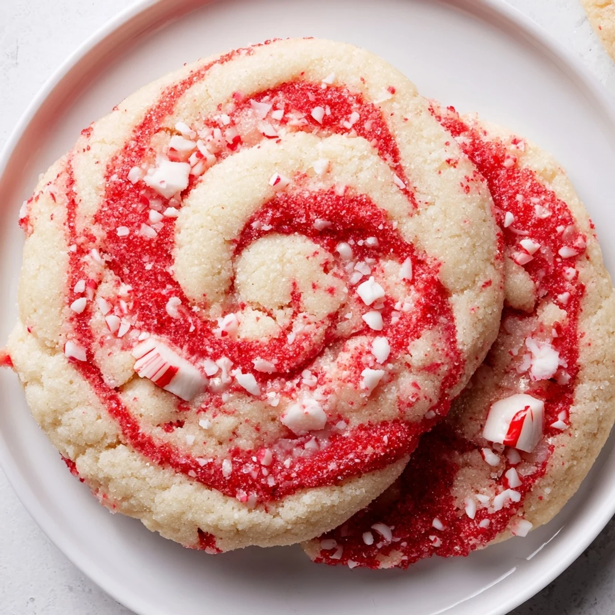 Crinkled Winter Warmth Peppermint Twist Sugar Cookies with a peppermint candy crust, arranged near a glass of milk and festive decorations.