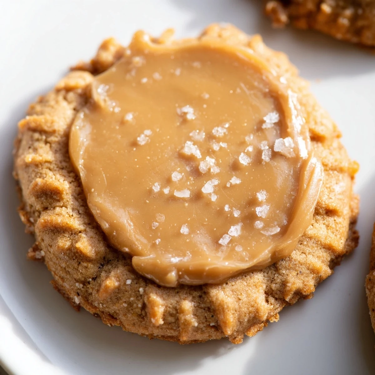 Close up view of a New Year Celebration Caramel Frost Vegan Cookie showing its soft, chewy texture.