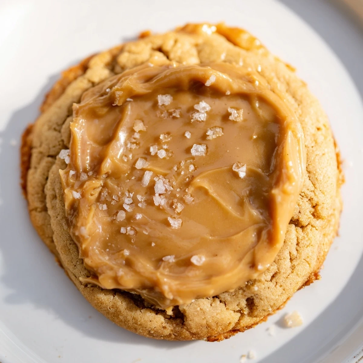 A platter of New Year Celebration Caramel Frost Vegan Cookies stacked high with a sea salt garnish.
