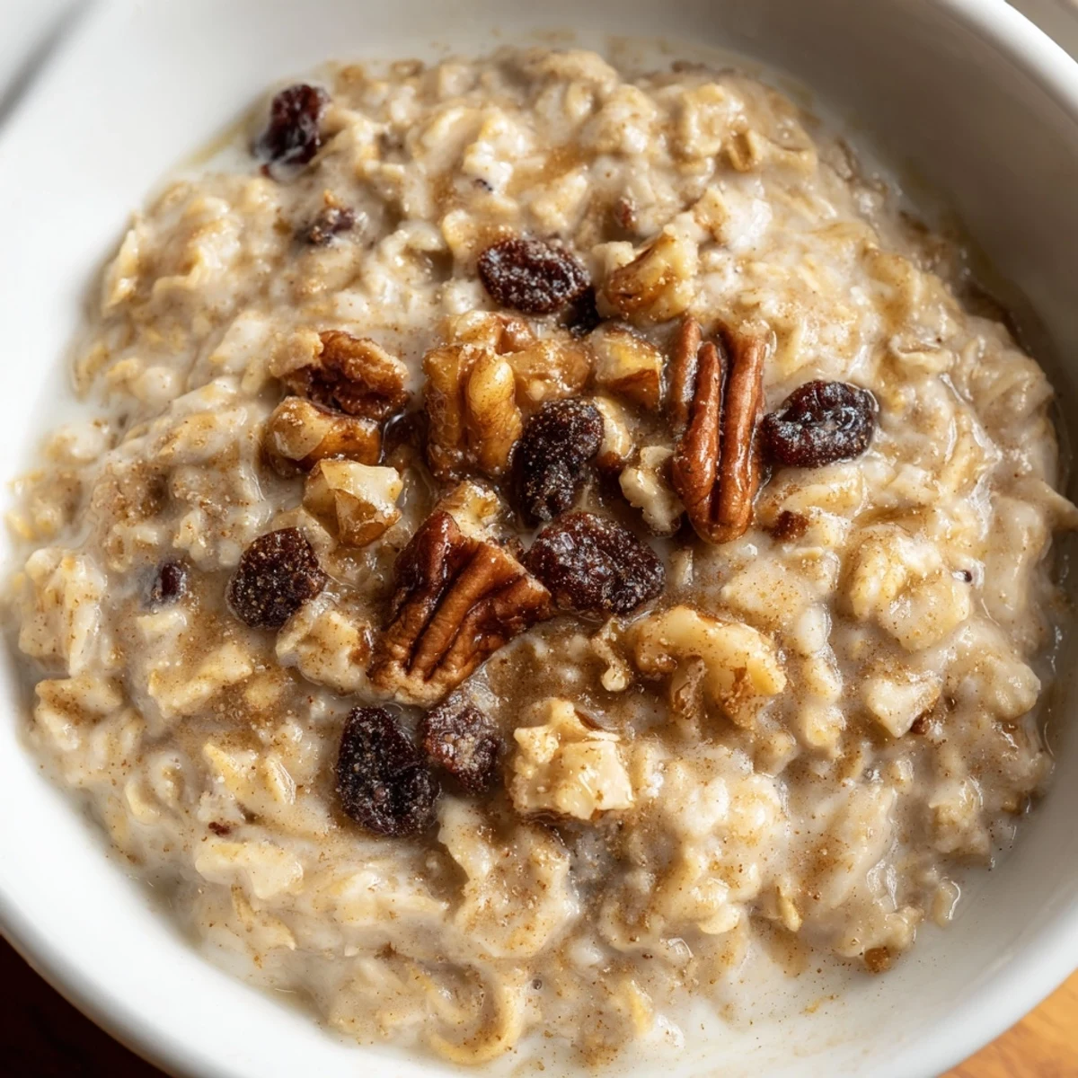 A comforting bowl of Winter Spice Cinnamon Drift Oatmeal Raisin topped with chopped pecans and a drizzle of maple syrup.