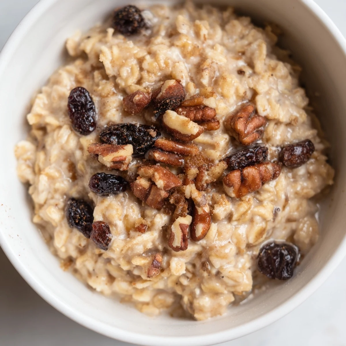 Steaming, creamy Winter Spice Cinnamon Drift Oatmeal Raisin in a rustic bowl, featuring plump raisins and a sprinkle of extra spices.