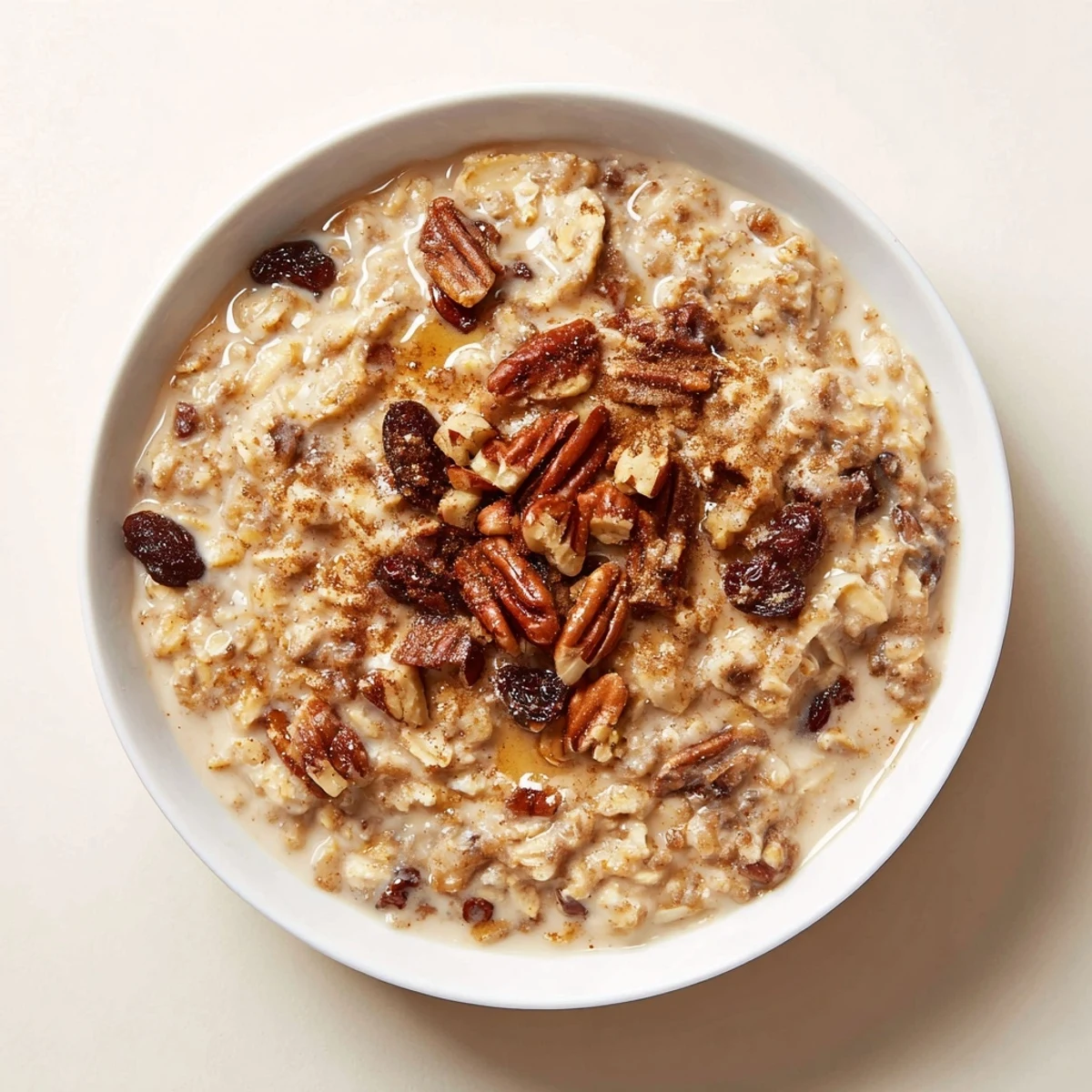 Healthy Winter Spice Cinnamon Drift Oatmeal Raisin served for breakfast, garnished with chopped pecans and a wooden spoon beside it.
