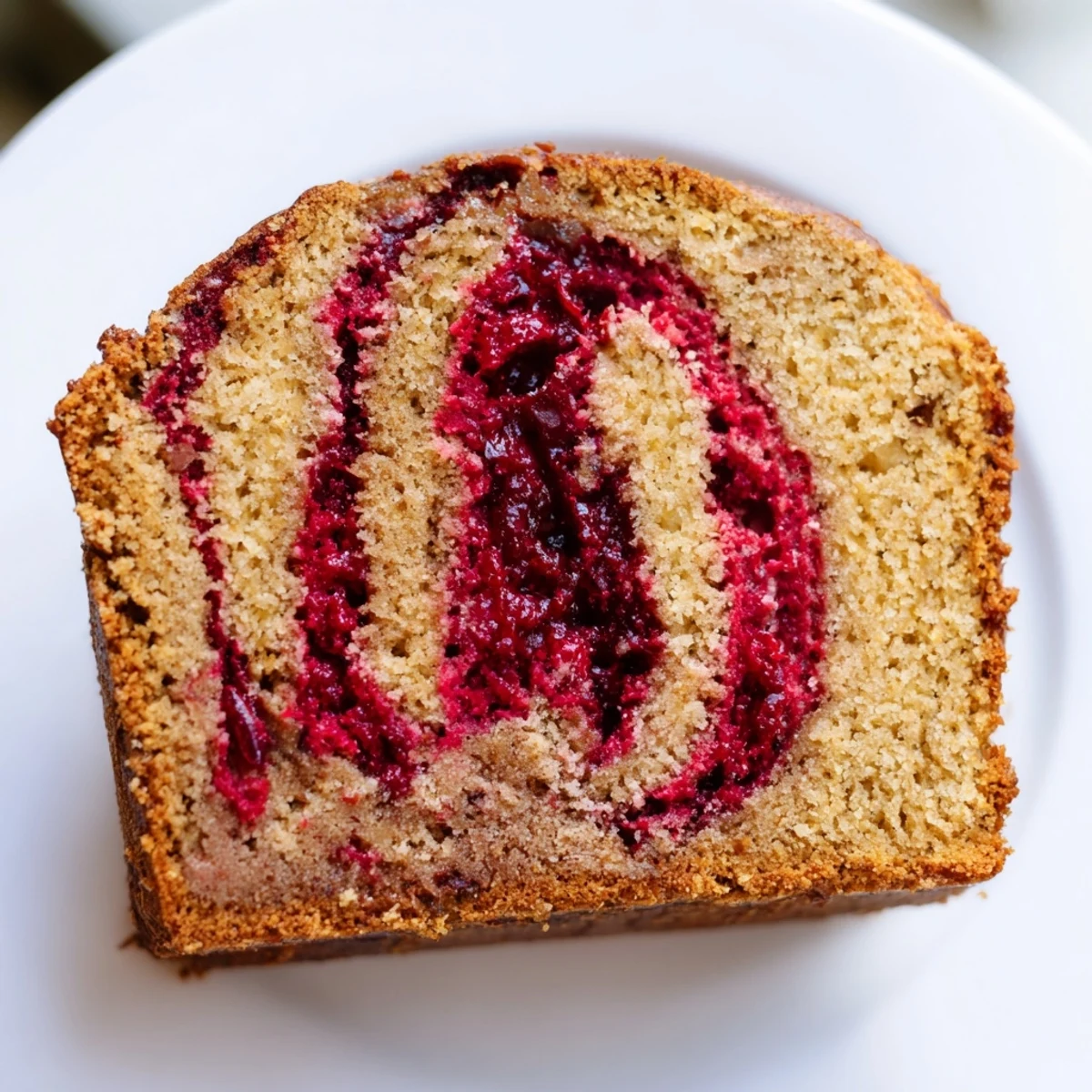 Close-up of Winter Spice Cranberry Swirl loaf, showing a moist crumb and tangy cranberry swirl on a wooden cutting board.
