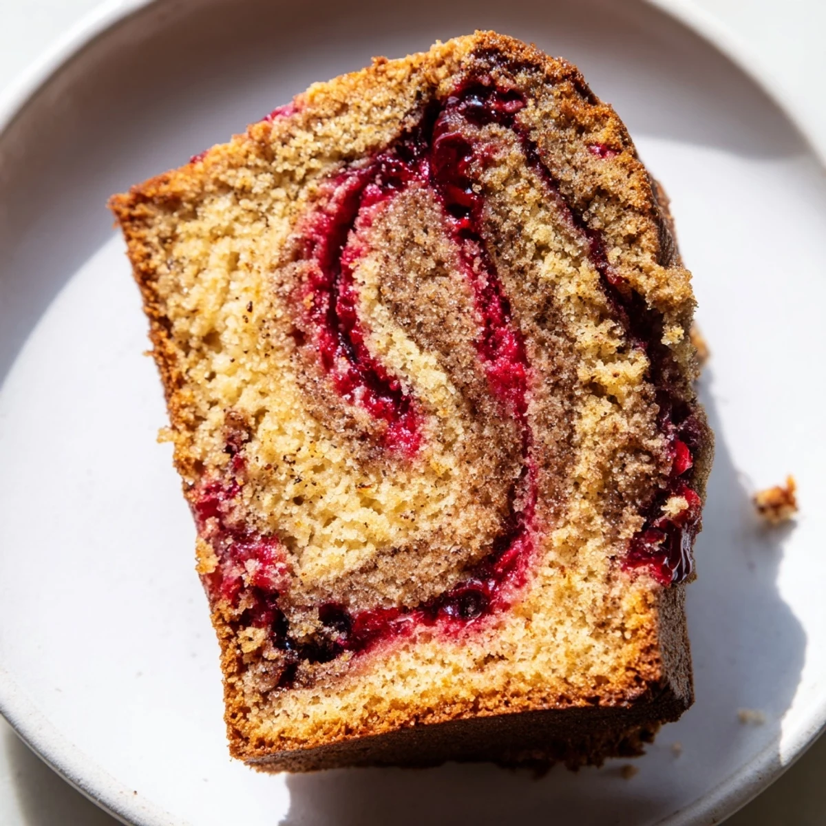 A slice of Winter Spice Cranberry Swirl loaf cake with a vibrant red swirl, dusted with powdered sugar on a festive plate.