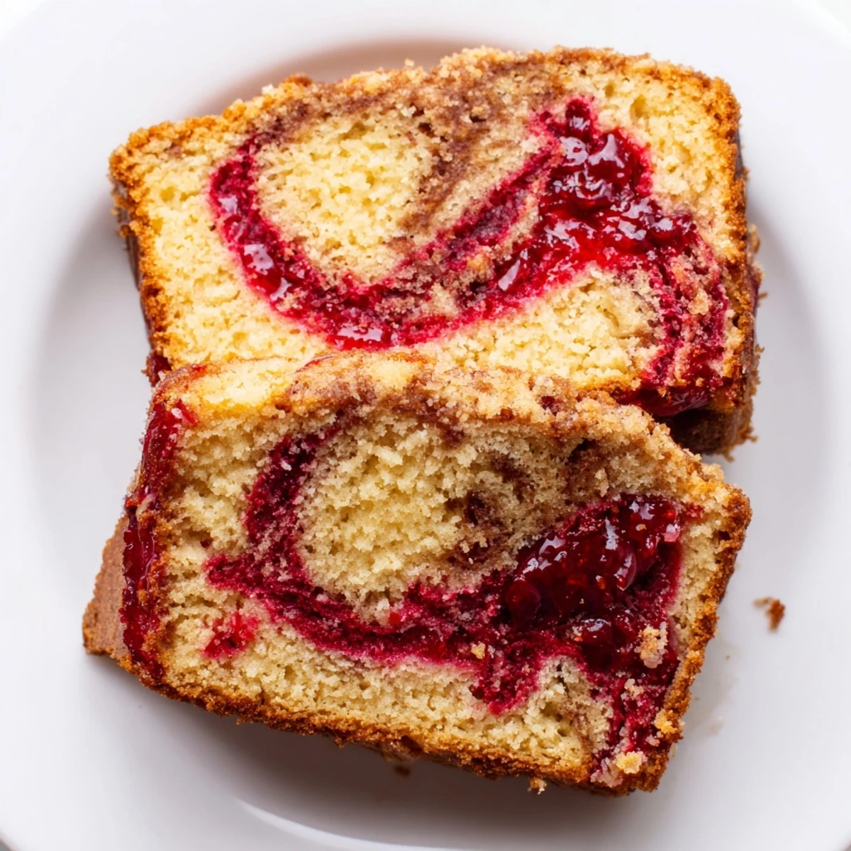 Freshly baked Winter Spice Cranberry Swirl cake, golden-brown top with visible spice speckles, served on a white dessert plate.
