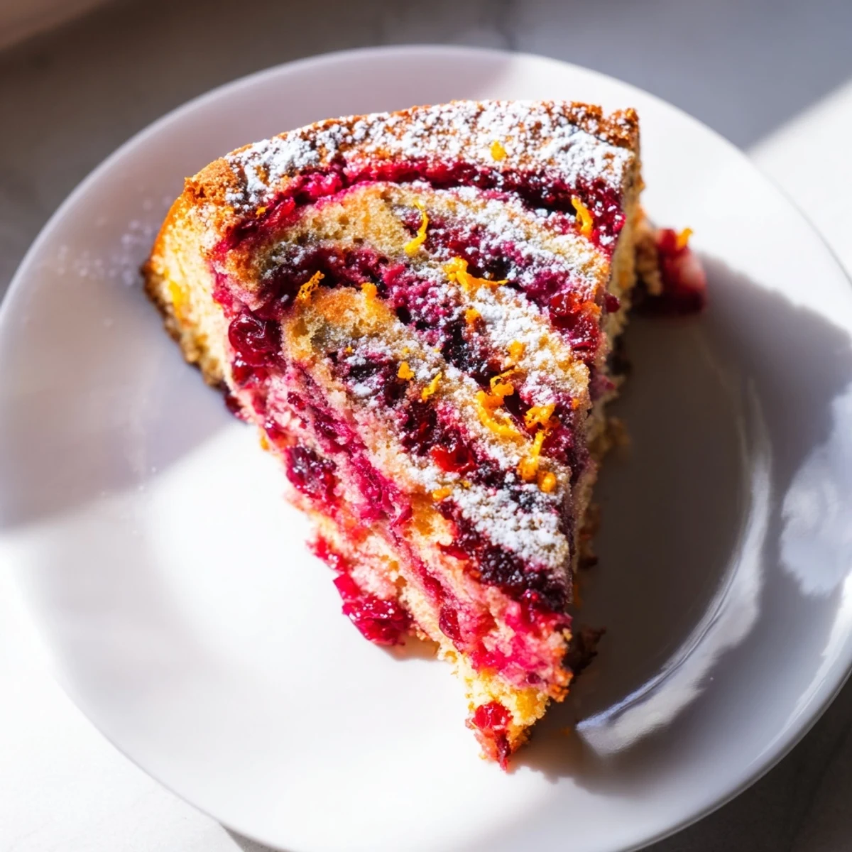 A slice of Cozy Evening Cranberry Swirl cake reveals vibrant red swirls on a gluten-free dessert, served warm with tea.