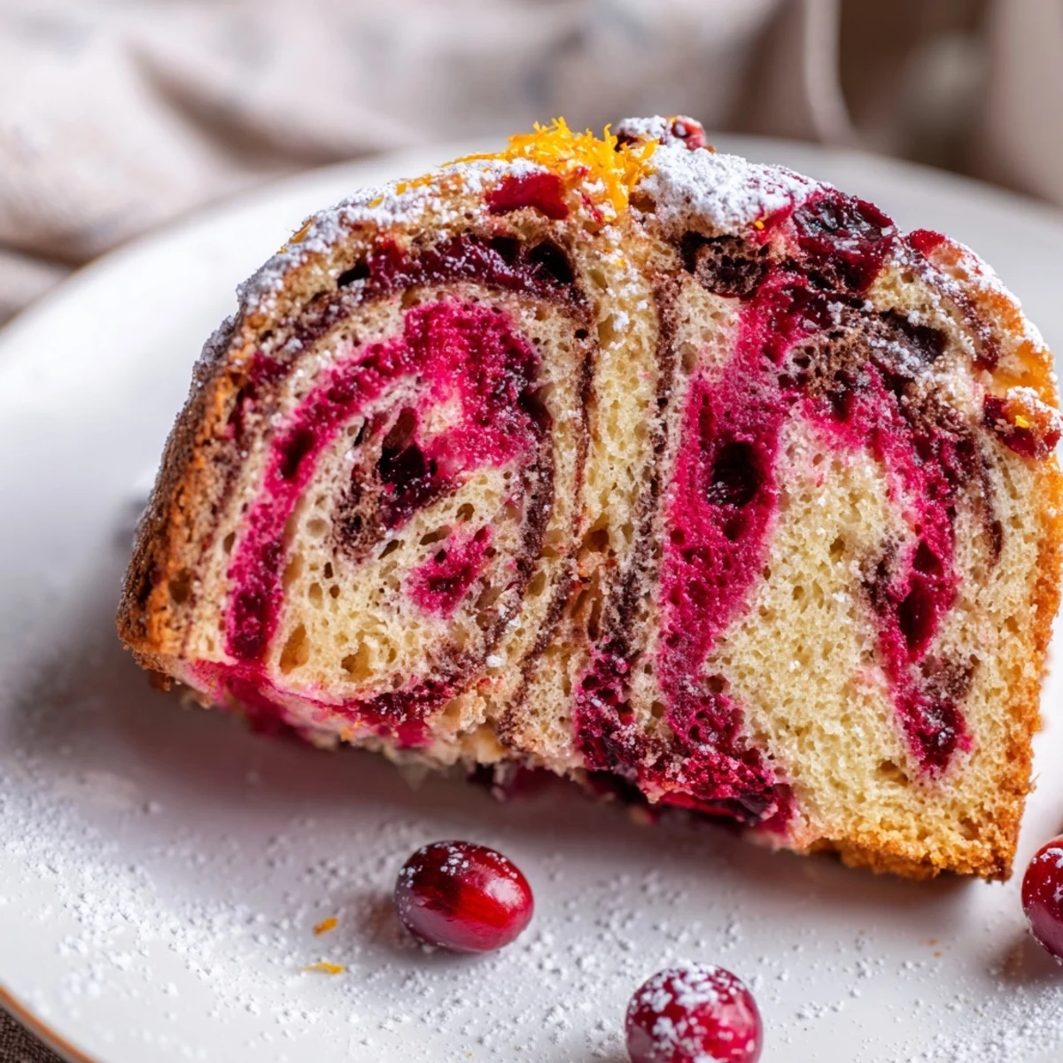 Fresh cranberries and orange zest create a textured swirl in Cozy Evening Cranberry Swirl cake, a perfect gluten-free dessert treat.