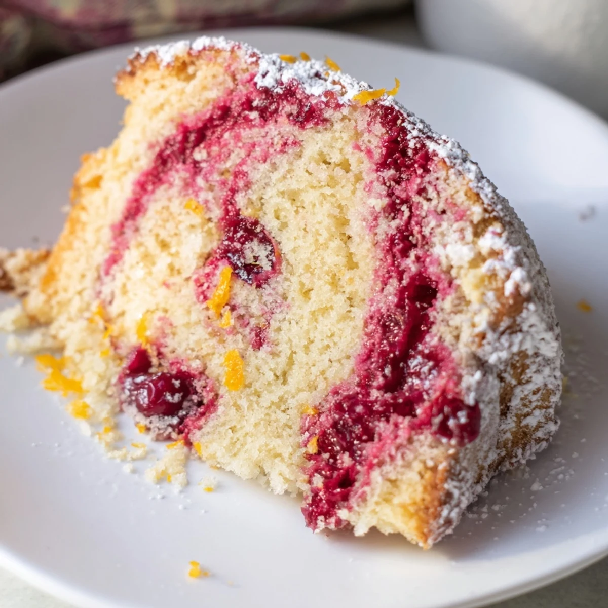 Golden-brown Cozy Evening Cranberry Swirl cake with powdered sugar, gluten-free and vegetarian, ideal for chilly evenings or holiday gatherings.