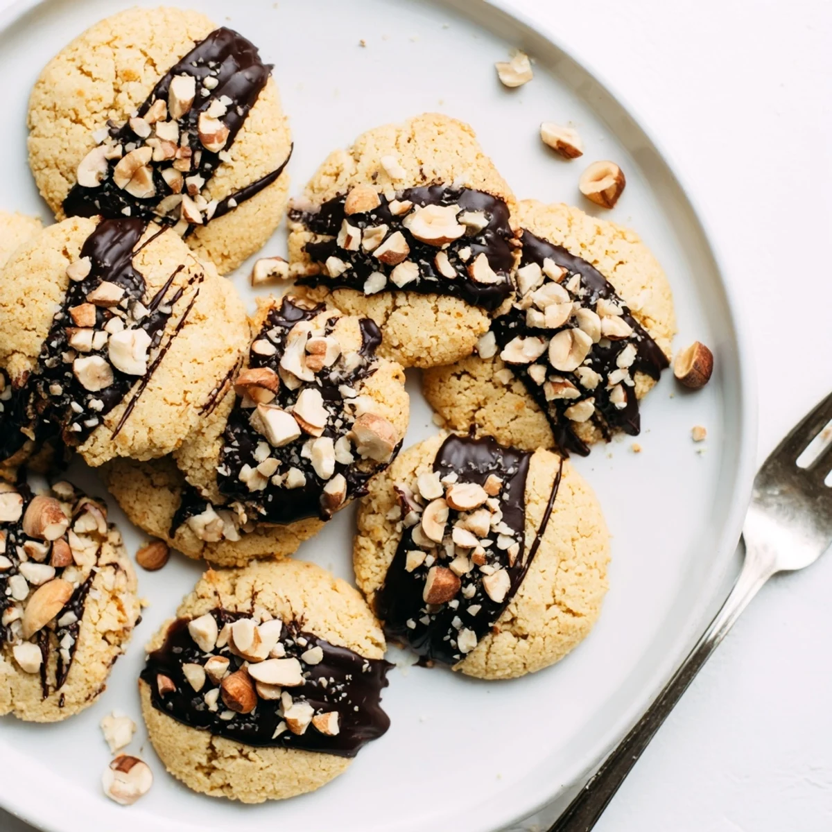 A plate of Cozy Evening Hazelnut Drizzle Keto Cookies with a mug of coffee for a warm keto-friendly dessert.