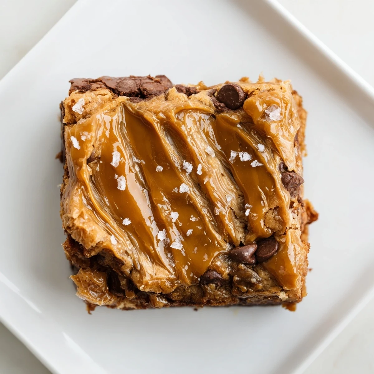 A warm slice of Cozy Evening Caramel Frost Chocolate Chip reveals gooey caramel swirls.