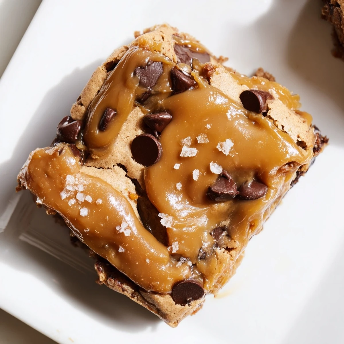 Golden-brown Cozy Evening Caramel Frost Chocolate Chip bars sit on a rustic wooden board.