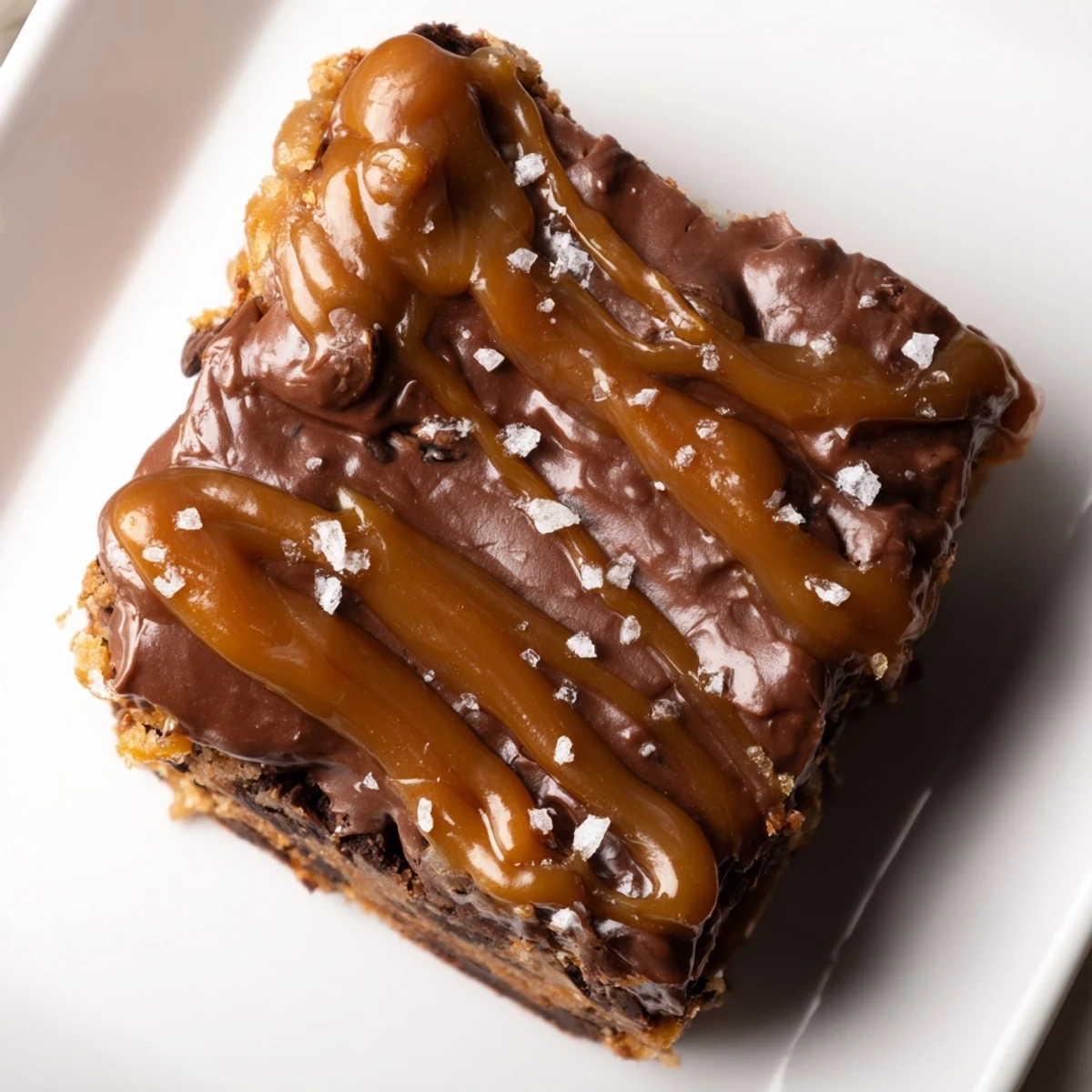 Plated Cozy Evening Caramel Frost Chocolate Chip bars garnished with flaky sea salt for serving.