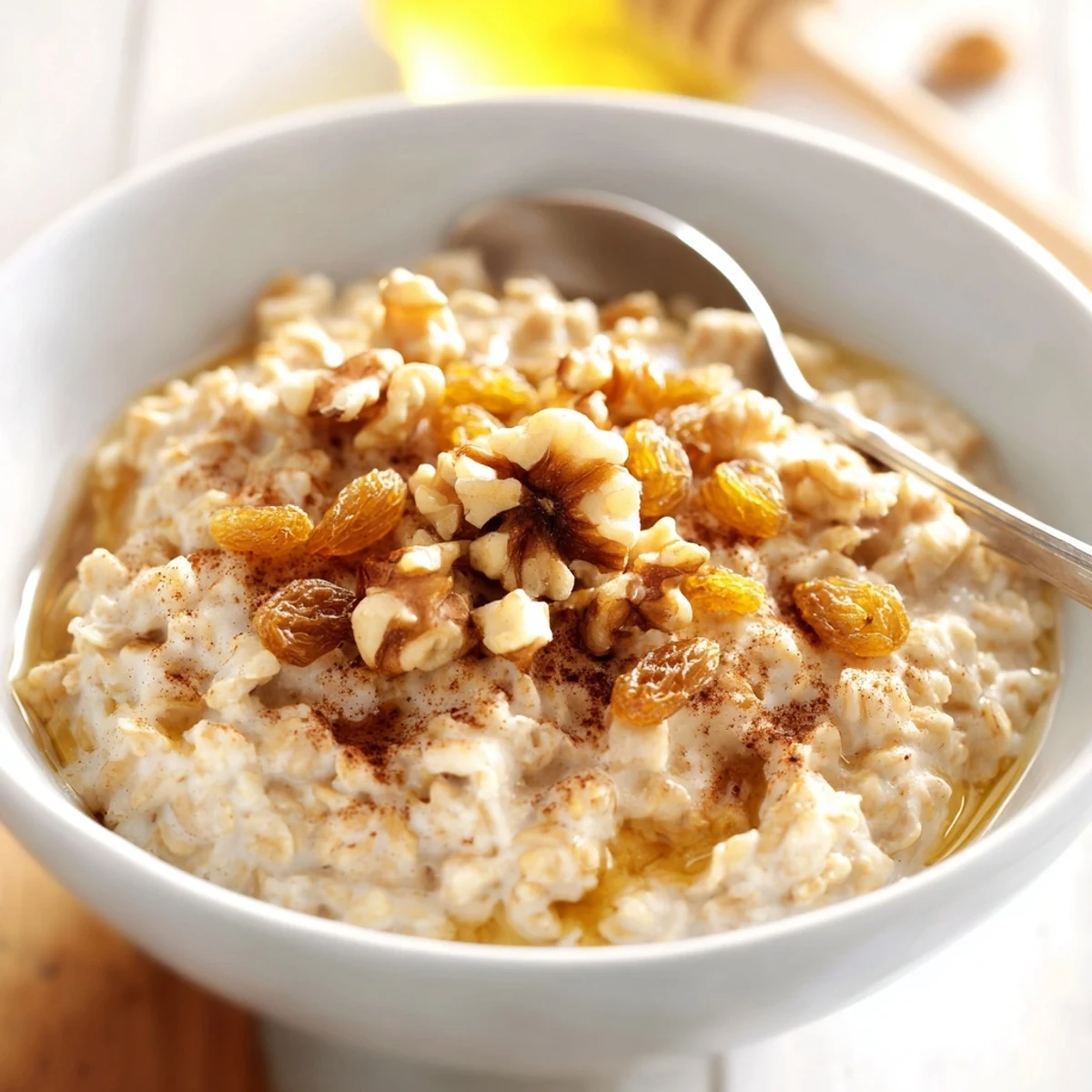 Hearty Cozy Evening Cinnamon Drift Oatmeal Raisin with plump raisins in a porcelain bowl, steam rising from the creamy oats.