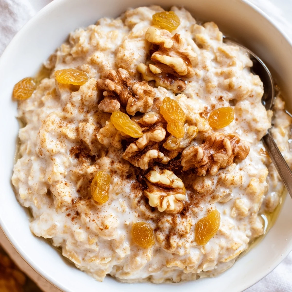 Creamy bowl of Cozy Evening Cinnamon Drift Oatmeal Raisin topped with chopped walnuts and a drizzle of maple syrup, served warm.