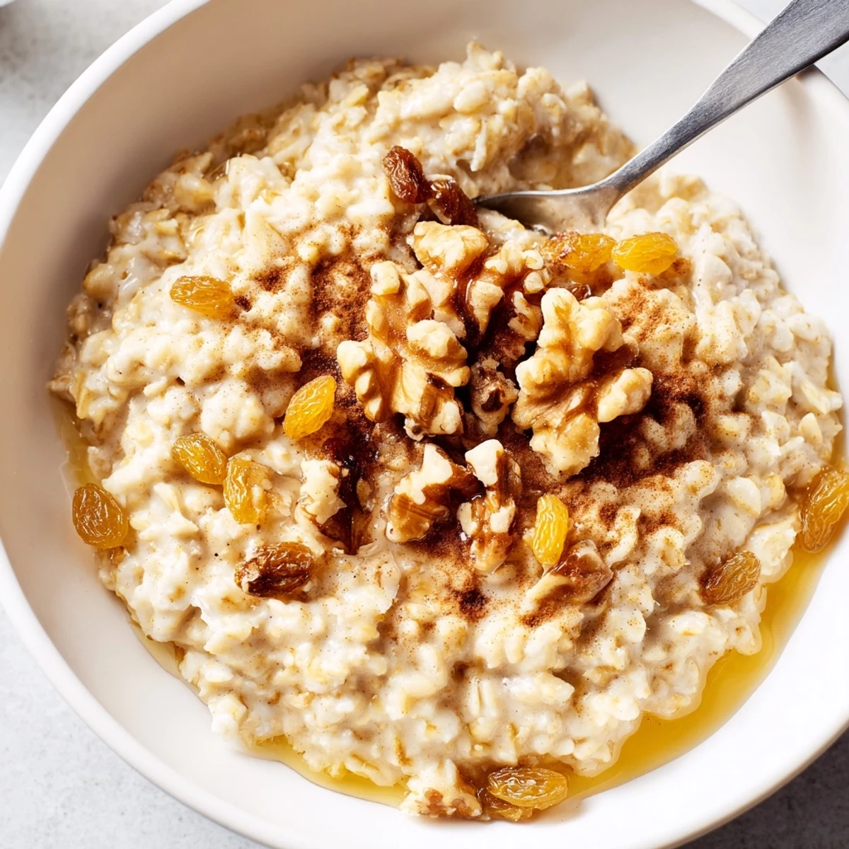 Cozy Evening Cinnamon Drift Oatmeal Raisin in a rustic bowl with sliced banana, raisins, and a spoon ready to eat.