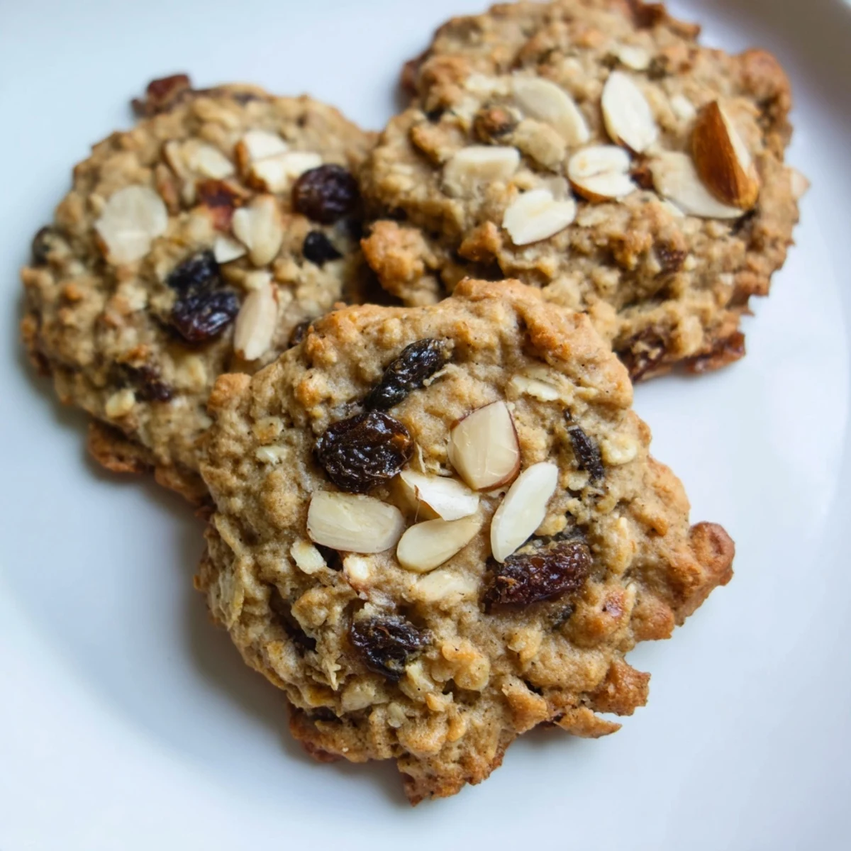 Golden-brown Fireplace Treat Toasted Almond Oatmeal Raisin cookies cooling on a rustic wooden board.