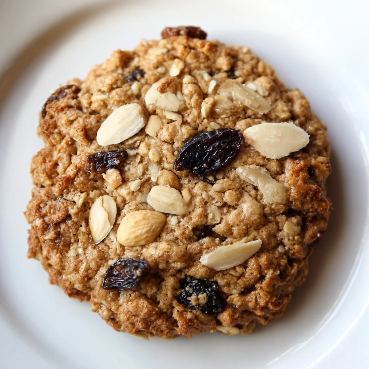 Freshly baked Fireplace Treat Toasted Almond Oatmeal Raisin cookies with toasted almonds and raisins.
