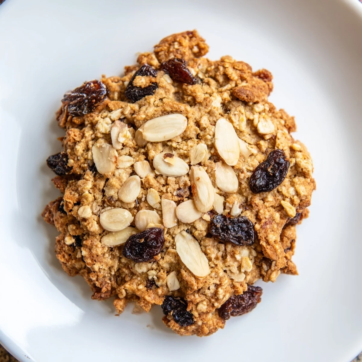 Warm Fireplace Treat Toasted Almond Oatmeal Raisin cookies on a plate with a glass of milk.