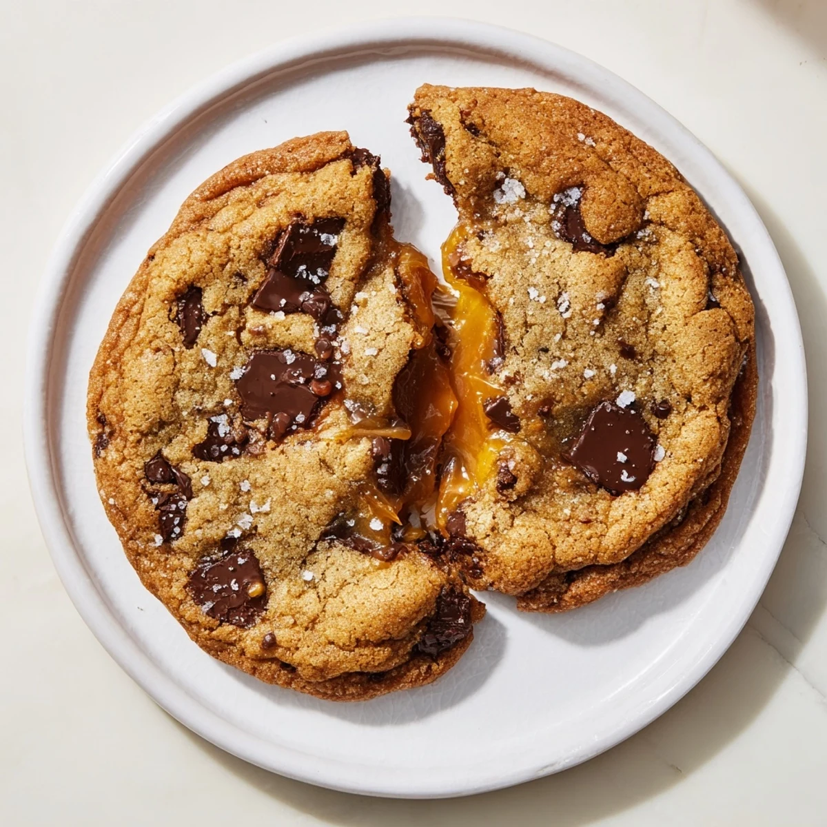 Perfectly baked Winter Warmth Caramel Frost Chocolate Chip cookies sit stacked, dusted with sea salt, ready for cozy winter serving or gifting.