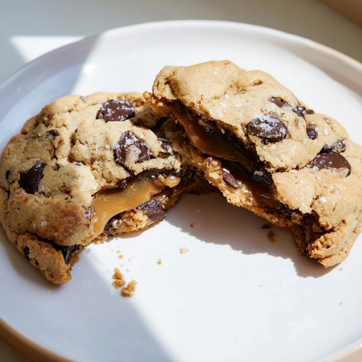 Golden Winter Warmth Caramel Frost Chocolate Chip cookies reveal a gooey caramel center with rich, melty chocolate chips on a festive plate.