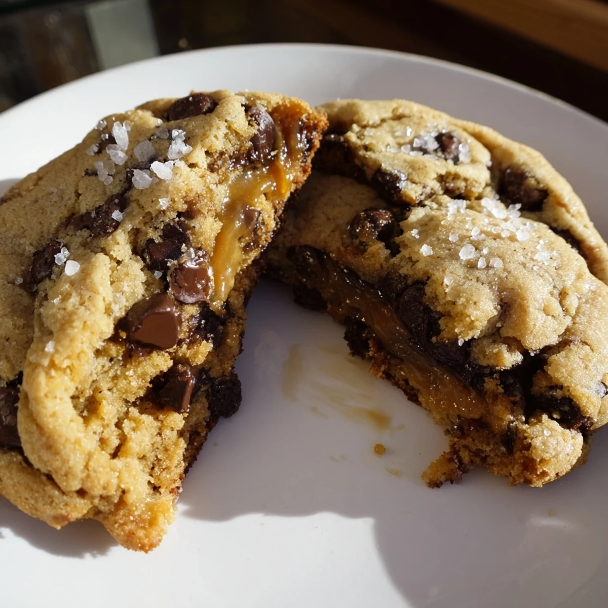 Close-up of warm Winter Warmth Caramel Frost Chocolate Chip cookies with spiced dough, gooey caramel, and chocolate chips for a sweet winter treat.