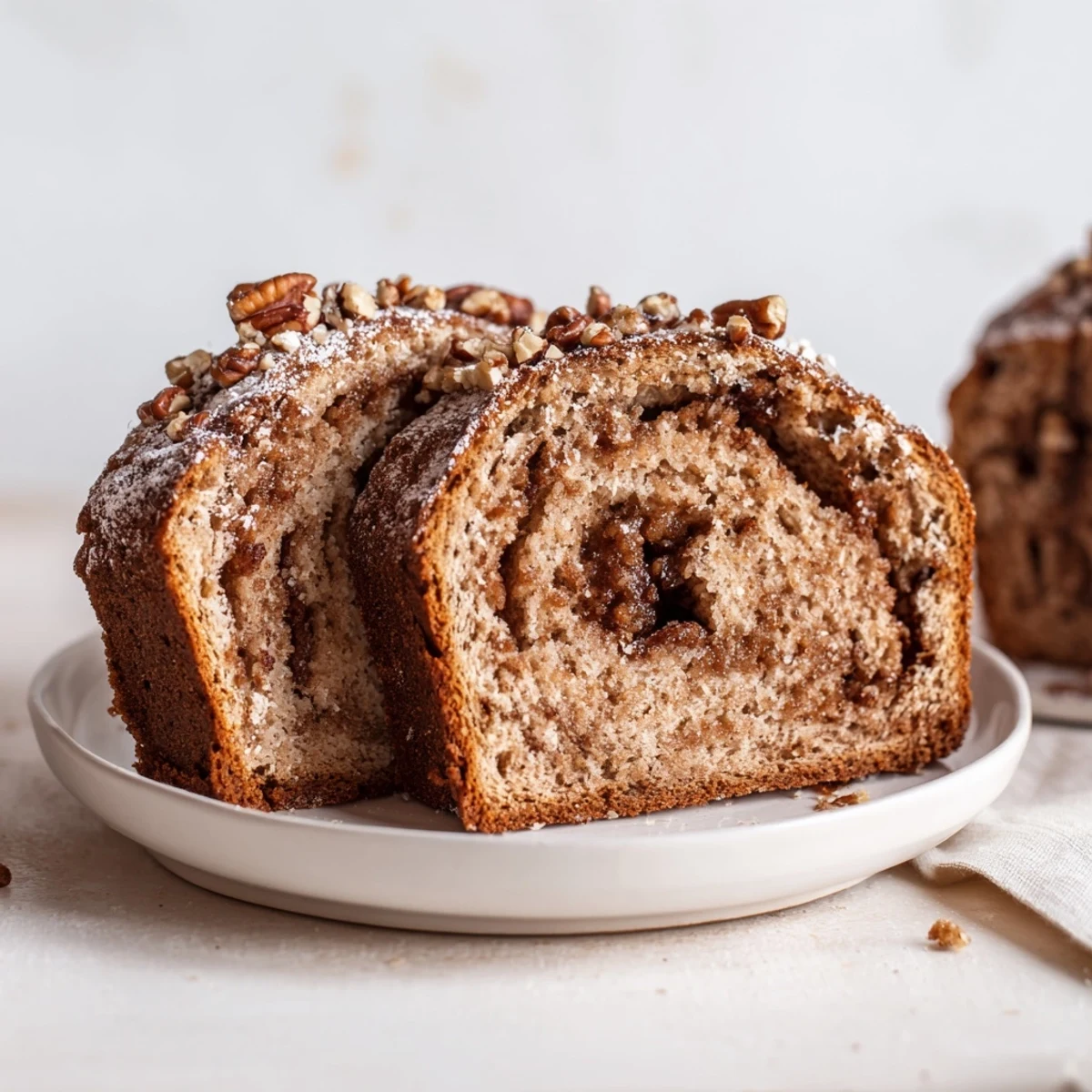 Slices of gluten-free Winter Market Cinnamon Drift reveal a warm, marbled cinnamon swirl interior and moist crumb from the applesauce batter.  