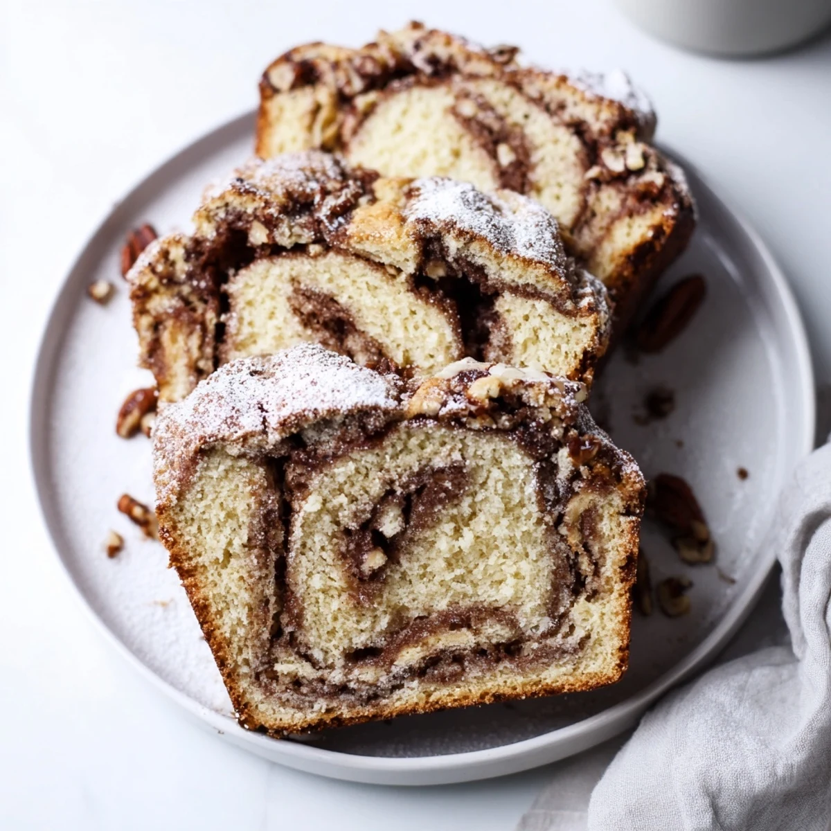 Freshly baked Winter Market Cinnamon Drift loaf cake with a crumbly top dusted in powdered sugar, ready to serve with hot cider.  