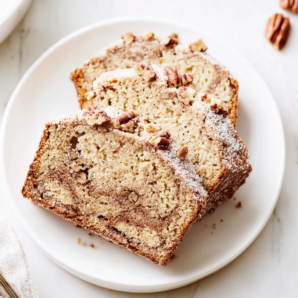 Whole Winter Market Cinnamon Drift loaf with pecans on top sits on a rustic wooden board beside a steaming mug of coffee.