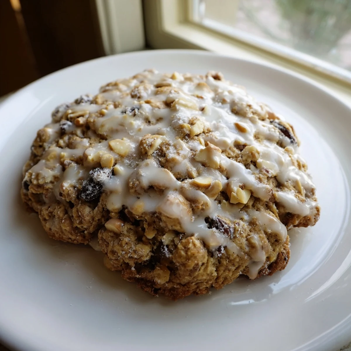 Freshly baked Winter Warmth Hazelnut Drizzle Oatmeal Raisin cookies display a golden texture with plump raisins on a rustic wooden table.